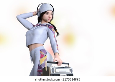 A Fashionable, Pretty Woman With A Boom Box And Headphones Listening To Music.3D Illustration 3D Rendering