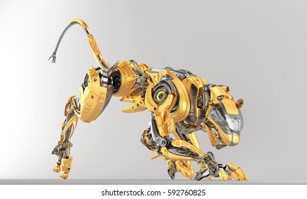 Fashionable robotic panther in side creeping pose, 3d rendering
