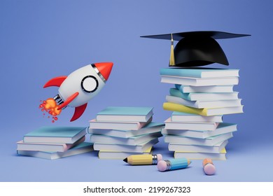 Fast Access To Higher Education. Books, Pencils, A Master's Hat And A Rocket. 3d Render.