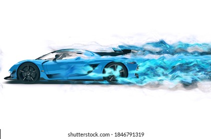 Fast Blue Super Car Leaving A Trail Of Red Mist And Wind - 3D Illustration