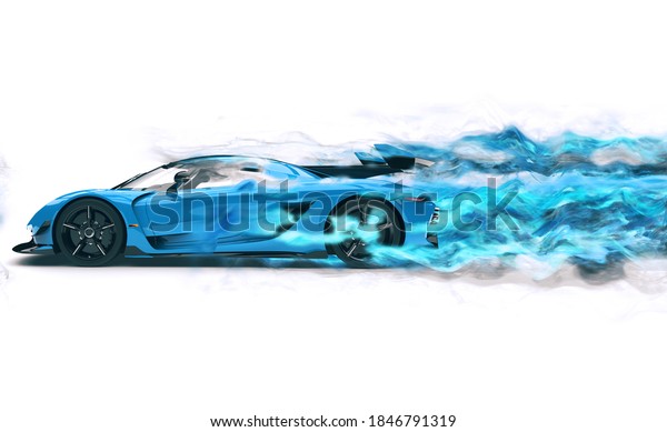 Fast blue super car leaving a trail of red\
mist and wind - 3D\
Illustration