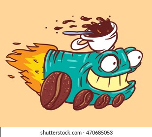 Fast Coffee Express, Funny Cartoon Character With Cup Of Cofee, Coffee Train, Good Morning
