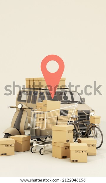 Fast delivery by scooter bike and van with mobile.\
E-commerce concept. Online food and shopping crate box order with\
route map. Webpage, app design. white brown background. vertical\
frame 3d render