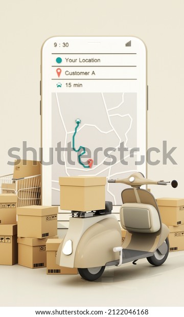 Fast delivery by scooter bike and van with mobile.
E-commerce concept. Online food and shopping crate box order with
route map. Webpage, app design. white brown background. vertical
frame 3d render
