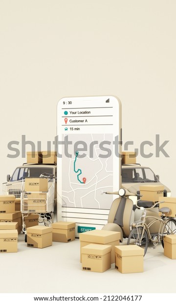 Fast delivery by scooter bike and van with mobile.\
E-commerce concept. Online food and shopping crate box order with\
route map. Webpage, app design. white brown background. vertical\
frame 3d render