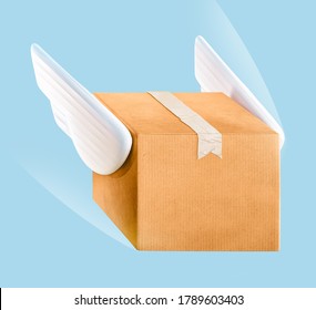 Fast delivery concept. Flying box with wings. 3d render illustration