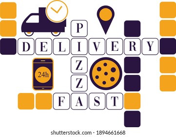 Fast Delivery Food Crossword Style. Set Of Icons 
Truck, Pizza, Phone, Online Order.