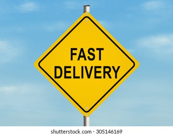 Fast delivery. Road sign on the sky background. Raster illustration.