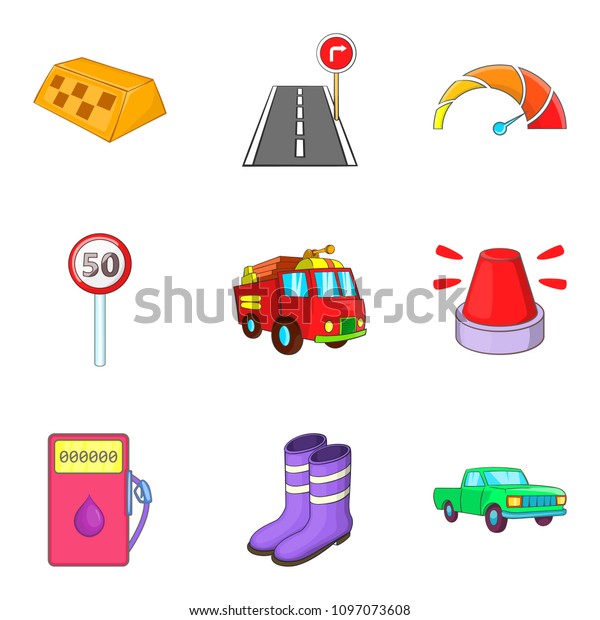Fast driving icons set.\
Cartoon set of 9 fast driving icons for web isolated on white\
background