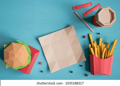 Fast Food Background Concept From Cardboard On Paper Background. Cartoon Food Product Packaging And Delivery. 3D Model Render