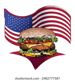 Fast food burger hand drawn sketch vector illustration and american flag background - Powered by Shutterstock