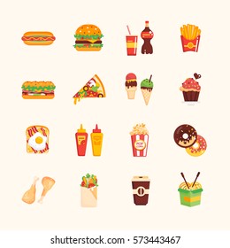 Fast Food Cafe Menu - Set Of Modern Icons. Hot Dog, Hamburger, French Fries, Sandwich, Pizza, Ice Cream, Muffin, Bacon, Ketchup, Mustard, Pop Corn, Donut, Chicken Roll-up Sandwich Coffee Wok