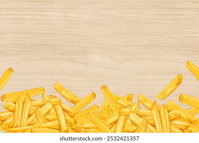 Fast food digital art illustration on wood texture background, French fries border illustration. Fast food digital art border with design space. French fries illustration on wood background