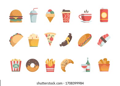Fast food flat icons. Sandwich burger cold drinks ice cream pizza hamburger food menu symbols