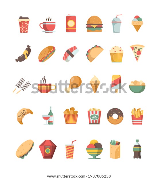 Fast food icon. Junk\
food trash unhealthy products burger hotdog drinks pizza barbecue\
fried crispy\
symbols