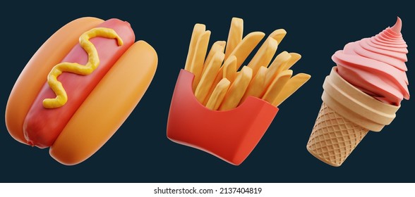 Fast Food Icon Set On Isolated Background 3d Rendering