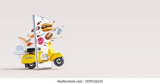 Fast food online delivery concept with scooter coming through the smartphone screen 3D Rendering, 3D Illustration - Powered by Shutterstock