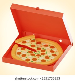 Fast food with a pizza in an open box. Ideal for illustrating food delivery, culinary delights, and gourmet snacks in a visually appealing way. 3D render illustration - Powered by Shutterstock