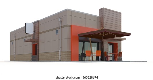 Fast Food Restaurant Building On White Background.3d Render