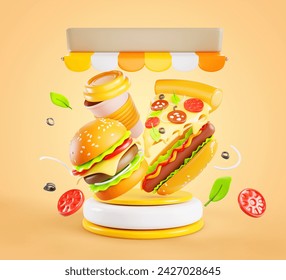 Fast food restaurant poster with podium, flying burger, hotdog, pizza, drink icons and striped canopy roof on orange 3d background. Fastfood render flyer, cartoon ad banner template. 3D Illustration - Powered by Shutterstock