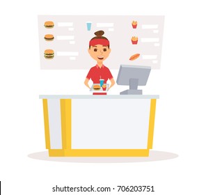 Fast food restaurant worker with cash register and burger, french fries and drinks on tray. Employee cashier at mall court. Women serving meals. Happy waitress girl in uniform - Powered by Shutterstock