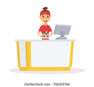 Fast Food Restaurant Worker With Cash Register And Burger, French Fries And Drinks On Tray. Employee Cashier At Mall Court. Women Serving Meals. Happy Waitress Girl In Uniform