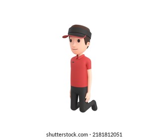 Fast Food Restaurant Worker Character Kneeling In 3d Rendering.