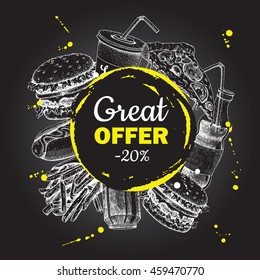 Fast Food Special Offer On Blackboard. Hand Drawn Junk Food Frame Illustration. Soda, Hot Dog, Pizza,  Burger And French Fries Drawing. Great For Label, Menu, Poster, Banner, Voucher, Coupon