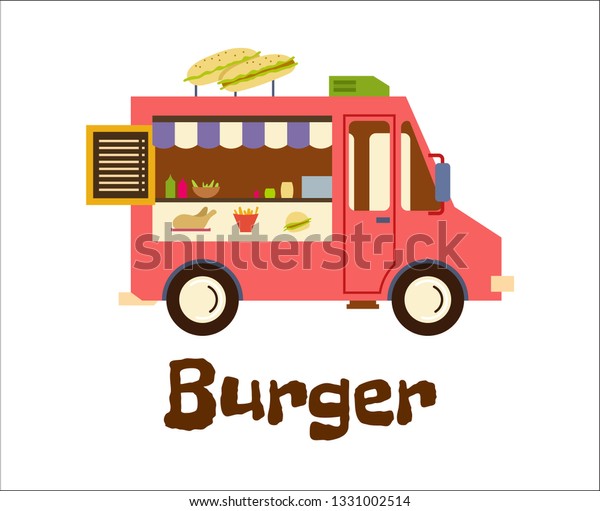 Fast Food Trailer with burger\
Isolated on white. Street food car, mobile kitchen,\
restaurant