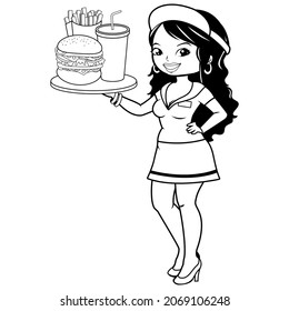 Fast Food Waitress Serving Hamburger, Fries And Drink. Black And White Coloring Page.