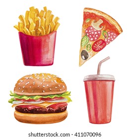 Fast Food Watercolor Set. Hamburger, Chips, Pizza, Cola.