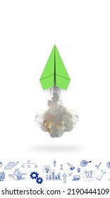 Fast Growing Business Leader, Successful Business And Leadership Concept, Paper Plane Flying In White Background, Business Icons.	