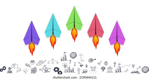 Fast Growing Business Leader, Successful Business And Leadership Concept, Paper Plane Flying In White Background, Business Icons.	