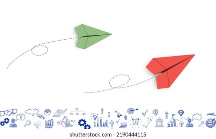 Fast Growing Business Leader, Successful Business And Leadership Concept, Paper Plane Flying In White Background, Business Icons.	