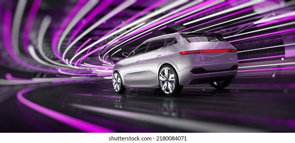 Fast Moving SUV Car In Glossy Neon Lighted Tunnel. Futuristic 3d Illustration Of Own Designed Generic Non Existing Car.