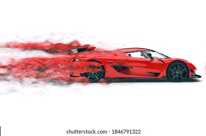 Fast red super car leaving a trail of red mist and wind - 3D Illustration