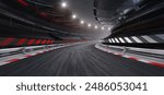 Fast ride on racing track and empty grandstands around asphalt road at night. Professional digital 3d illustration of racing sports.