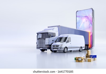 Fast shipping delivery, online tracking service app 3D illustration concept with delivery truck, cargo van, parcel boxes, mobile smartphone, logistics map, location marks. Logistic network application