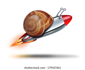 Fast Snail Speed Concept With A Mollusk Shell Being Flown By A Rocket  Booster As A Business Metaphor For Rapid Service And Competitive Technology Innovation On A White Background.