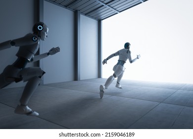 Fast speed technology concept with 3d rendering cyborg running in competition
