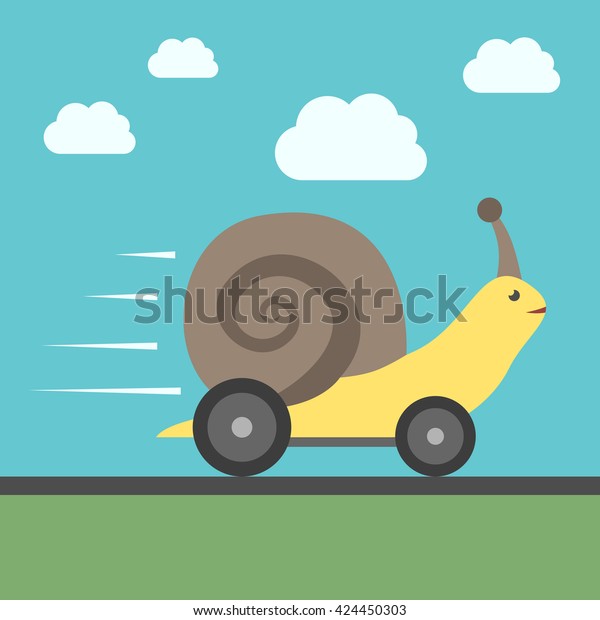 Fast speedy snail with automobile wheels moving\
quickly. Success, haste, speed, efficiency, performance and\
creativity concept