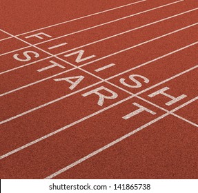 Fast Track Business Concept As A Journey From Start To The Finish Line As An Icon Of Quick Service And Planning A Short And Long Term Strategy For Success With A Track And Field In A Sports Stadium.