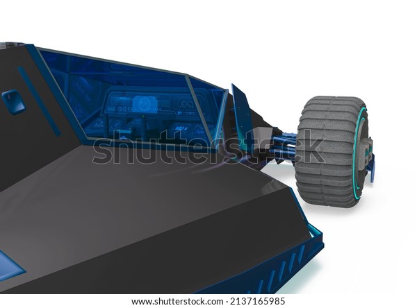 fastest electric car in white background\
close up view on the cockpit, 3d\
illustration