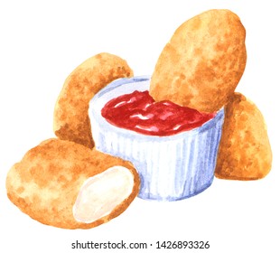 Fastfood, chicken nuggets with tomato sause, hand drawn watercolor illustration isolated on white