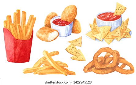 Fastfood clipart set, french fries, onion rings, nachos and red sause, hand drawn watercolor illustration isolated on white