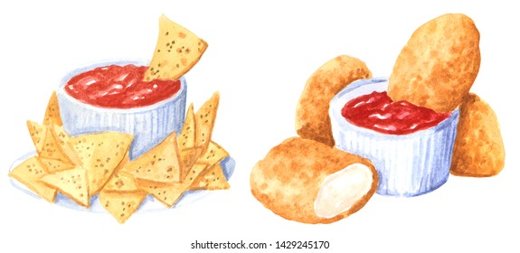 Fastfood clipart set, nachos, nuggetss and ketchup, hand drawn watercolor illustration isolated on white