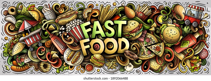 Fastfood Hand Drawn Cartoon Doodles Illustration. Fast Food Funny Objects And Elements Poster Design. Creative Art Background. Colorful Raster Banner