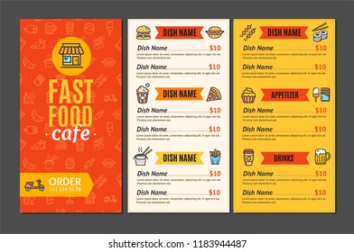 Fastfood and Street Food Menu Cafe Design Template Name Of Dish Order for Service Delivery. illustration of Three page menus - Powered by Shutterstock