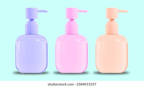 Fat Bulk Bottle Pump Isolated in Blue ocean Background. Skincare Product Dispenser Bottle 200ml. Transparant Body Lotion Container Mockup. Liquid Soap and Cream Packaging Pastel Color.