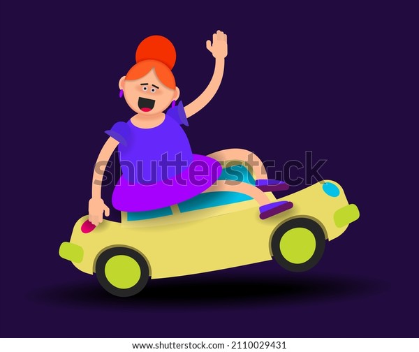 A fat cartoon girl is sitting astride a children\'s\
toy car